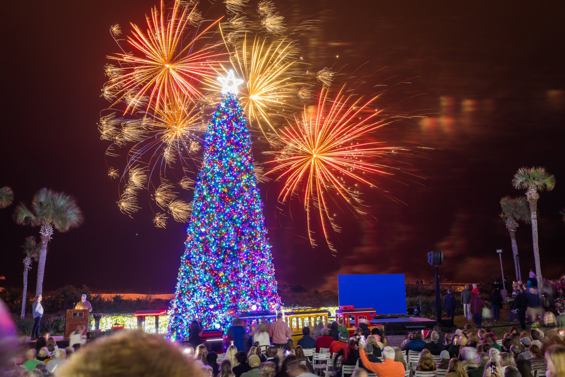A large, brightly lit Christmas tree with a star topper stands surrounded by a crowd at night. Colorful fireworks explode in the sky above, and palm trees are visible in the background.