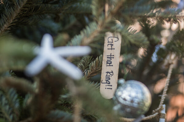 A close-up of a Christmas tree branch with a silver ornament, a white star decoration, and a wooden tag reading Get that ring!! handwritten in black marker.