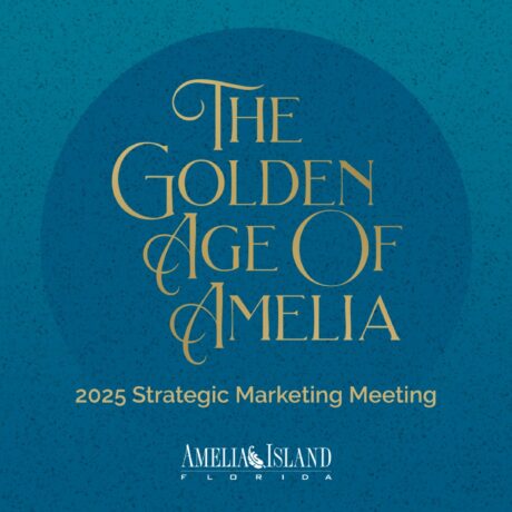 Blue and gold graphic with art deco designs. Text reads: The Golden Age of Amelia. 2025 Strategic Marketing Meeting. Amelia Island Florida. Art deco patterns border the left and right sides.