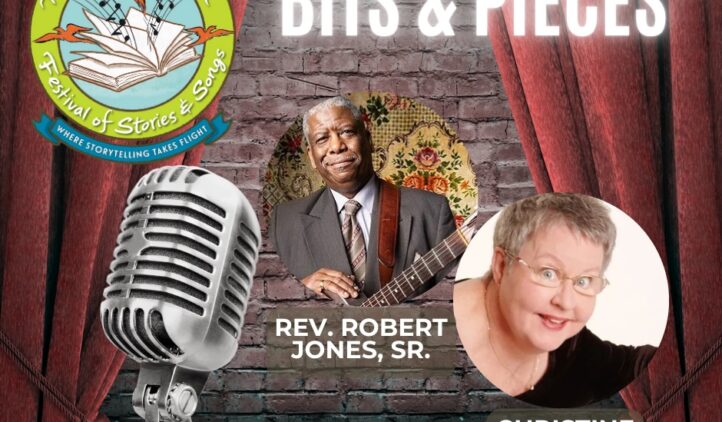 Promotional image for the Amelia Island Festival of Stories & Songs titled Bits & Pieces, featuring photos of Rev. Robert Jones, Sr. with a guitar, Christine Lavin, a vintage microphone, and the festival logo.