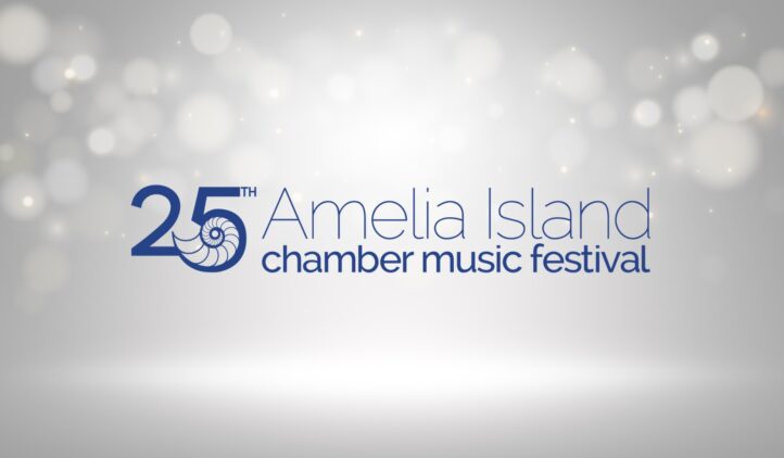 Logo for the 25th Amelia Island Chamber Music Festival with a seashell icon and bokeh light background.
