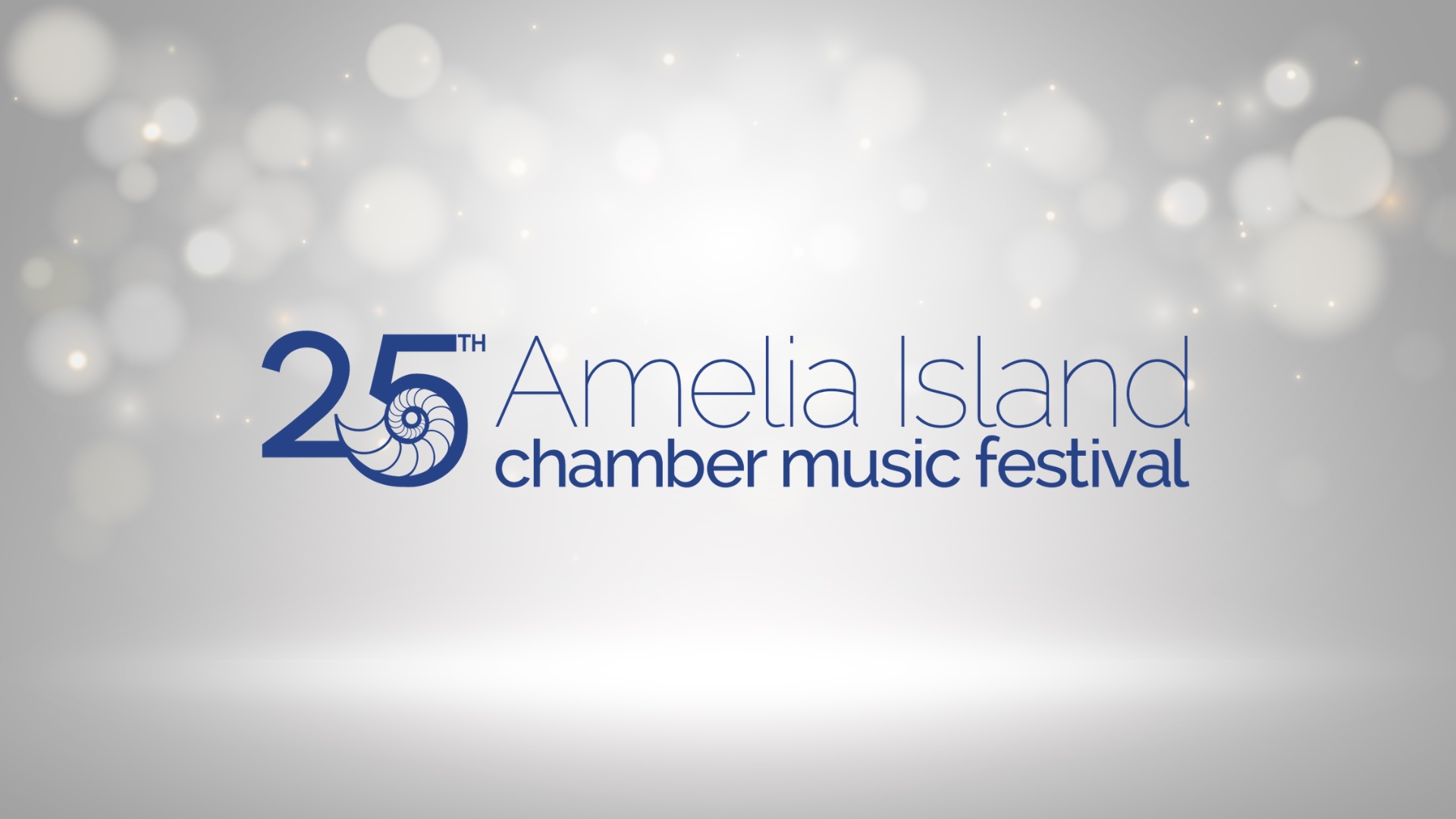 Logo for the 25th Amelia Island Chamber Music Festival with a seashell icon and bokeh light background.