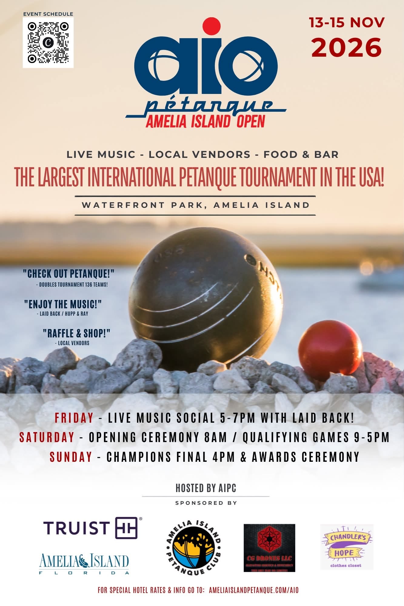 A promotional poster for the 2026 Amelia Island Open pétanque tournament, featuring pétanque balls on sand, event dates, schedule, sponsors, and beach-themed graphics.