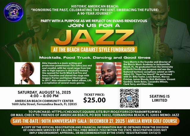 Event flyer for a jazz cabaret fundraiser with photos of two musicians, event details, ticket price, and date. Green, gold, and purple theme; highlights mocktails, food truck, and dancing. Includes venue address and RSVP link.