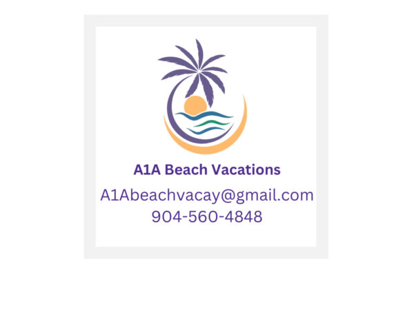 Logo for A1A Beach Vacations featuring a purple palm tree, sun, and waves. Text below: A1A Beach Vacations, A1Abeachvacay@gmail.com, and 904-560-4848.