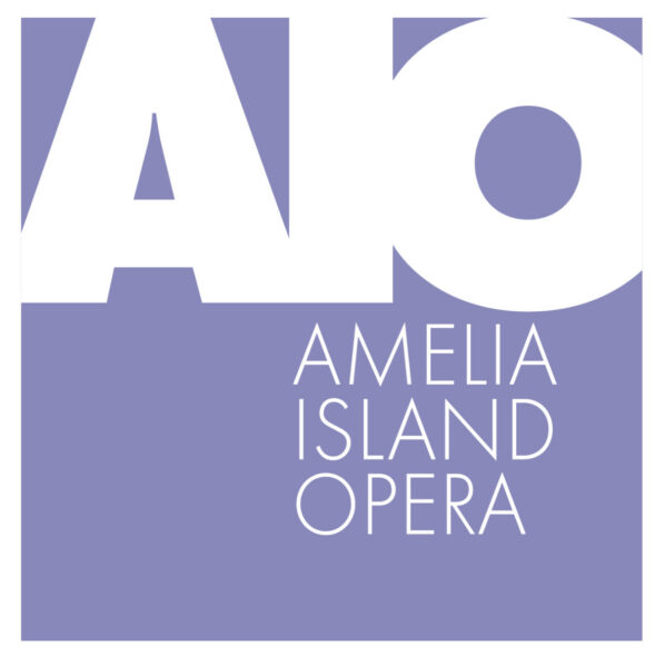 Logo with large white AIO letters on a lavender square background; smaller text below reads Amelia Island Opera in white capital letters, aligned right.
