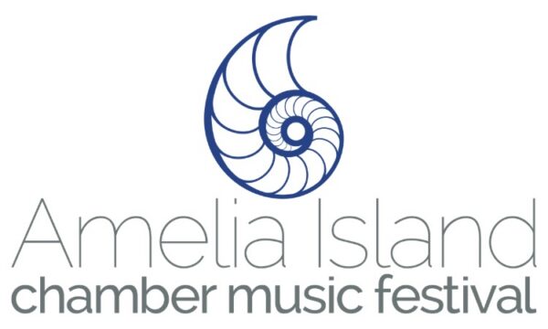 Logo for the Amelia Island Chamber Music Festival featuring a blue nautilus shell icon above the text.