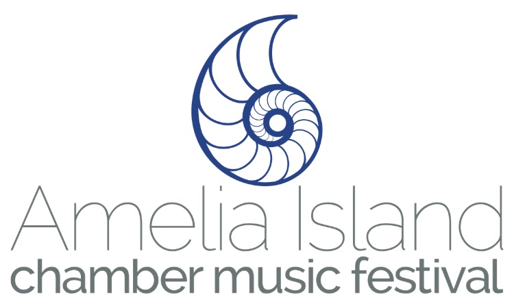 Logo for the Amelia Island Chamber Music Festival featuring a blue nautilus shell icon above the text.