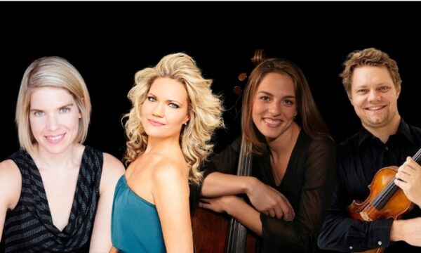 Four musicians posing against a black background, including a cellist and a violinist.