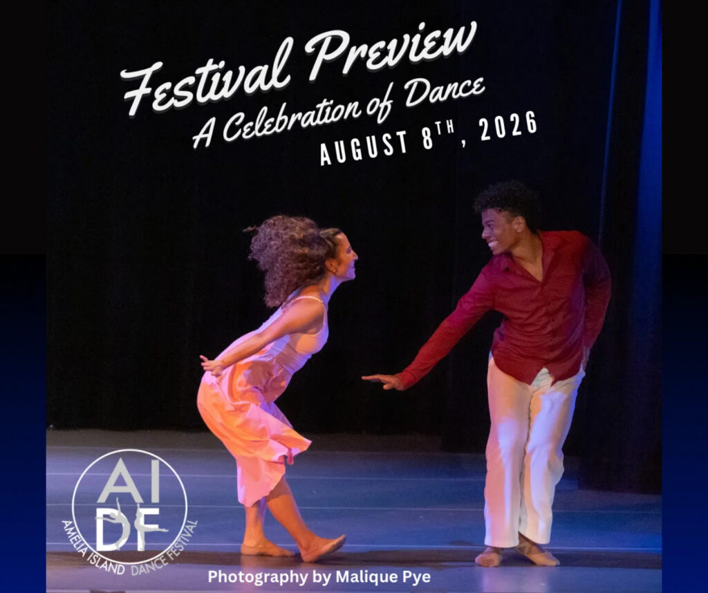 Two dancers perform joyfully on stage under blue lighting. Text reads: “Festival Preview: A Celebration of Dance, August 8th, 2026.” AIDF logo and photo credit to Malique Pye are visible at the bottom.
