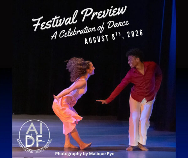 Two dancers perform joyfully on stage under blue lighting. Text reads: “Festival Preview: A Celebration of Dance, August 8th, 2026.” AIDF logo and photo credit to Malique Pye are visible at the bottom.