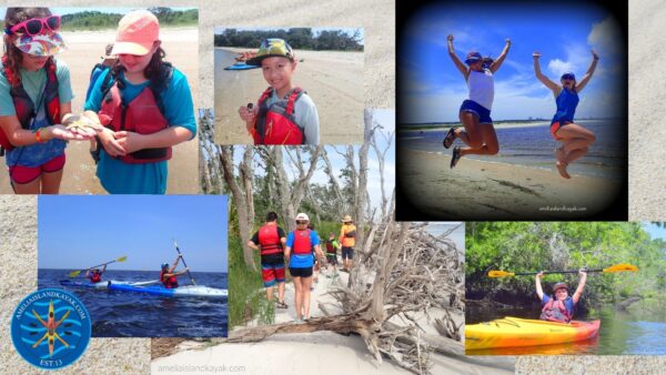 A collage of kids kayaking, exploring beaches, holding seashells, and jumping on the sand in life jackets, with the Amelia Island Kayak logo and website in the bottom left corner.