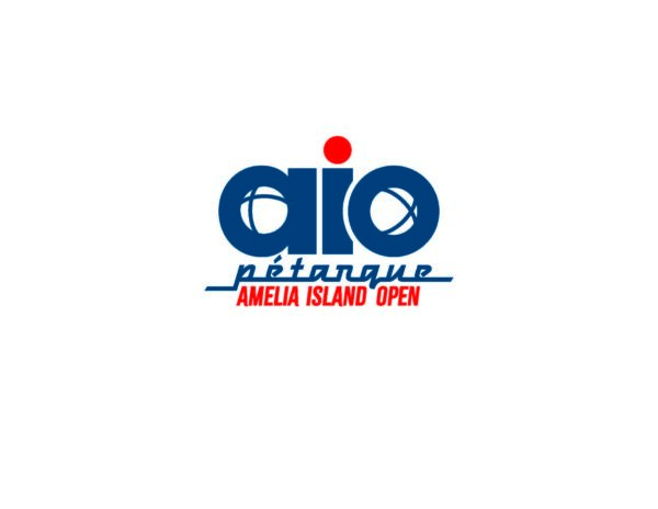 Logo for the Amelia Island Open pétanque event. The text aio in blue with pétanque balls inside the letters, a red dot above the i, and “pétanque Amelia Island Open” below in blue and red.