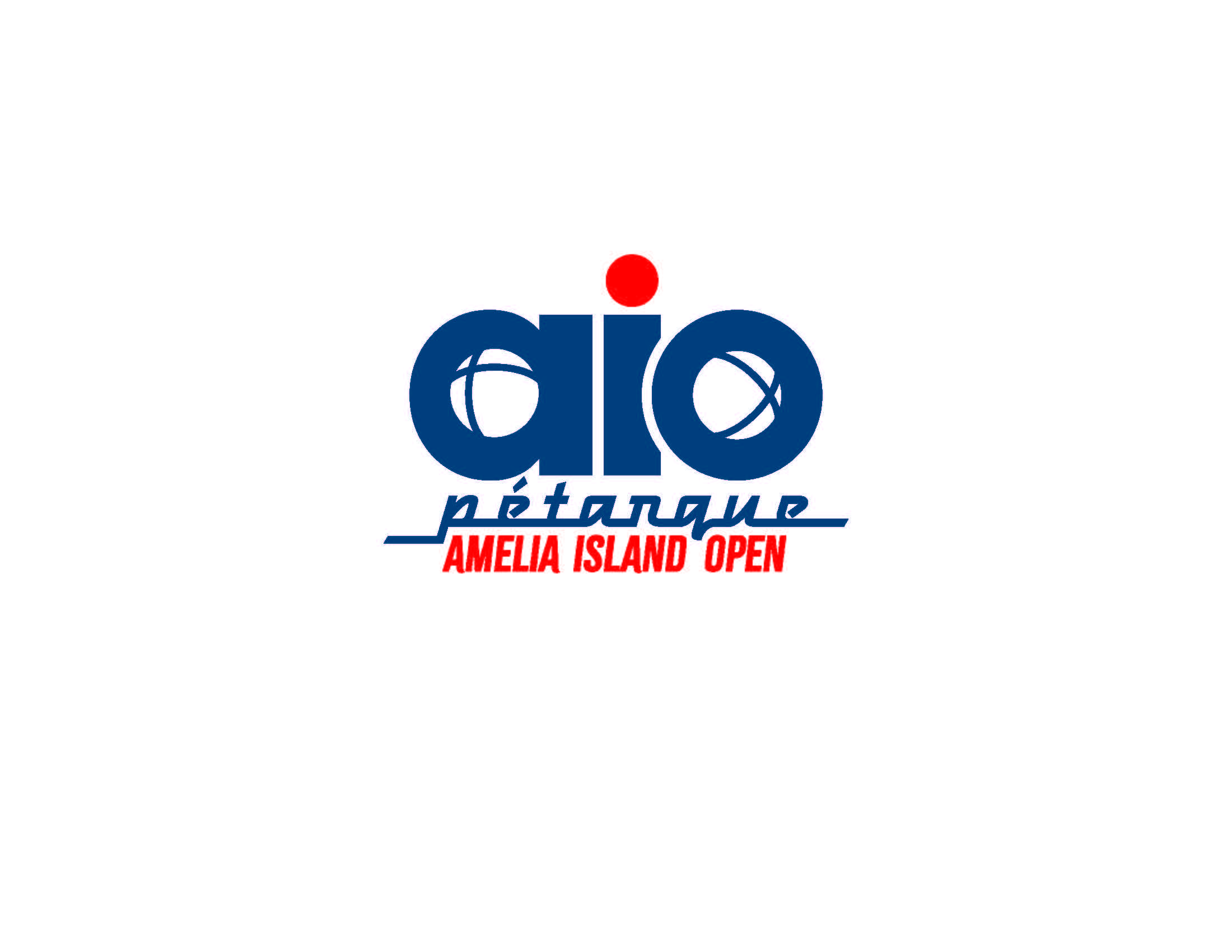 Logo for the Amelia Island Open pétanque event. The text aio in blue with pétanque balls inside the letters, a red dot above the i, and “pétanque Amelia Island Open” below in blue and red.
