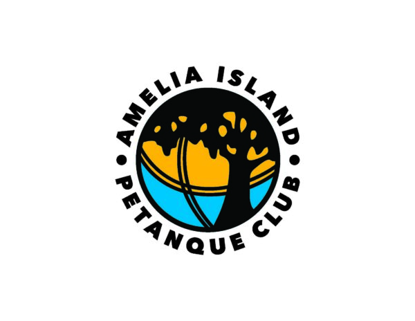 Logo for Amelia Island Petanque Club featuring a stylized tree over a background of blue and orange, shaped like a petanque ball, with the club name in bold black letters around the circle.