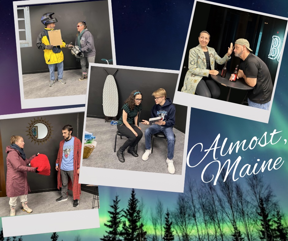 A collage of five scenes from a play with actors in various costumes interacting on stage, over a background of the northern lights, and the words “Almost, Maine” in script in the bottom right corner.