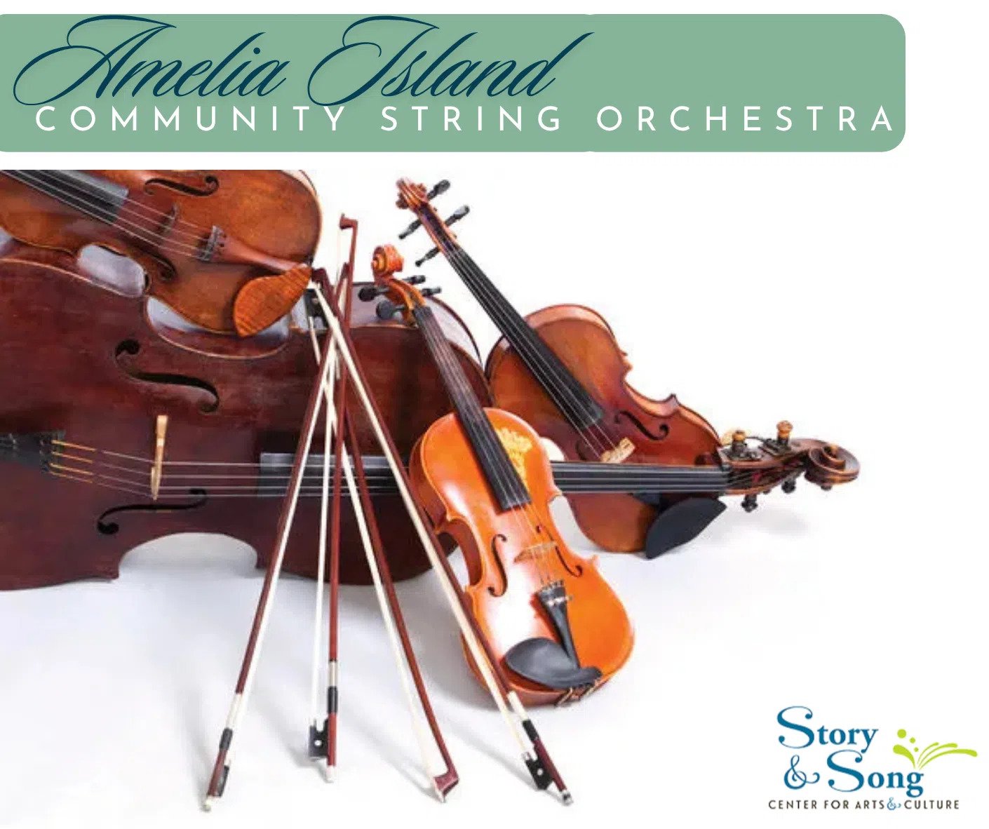 Logo for the Amelia Island Community String Orchestra featuring a double bass, two violins, and several bows, with the Story & Song Center for Arts & Culture logo in the corner.