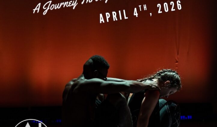 Two dancers, one male and one female, sit on a dimly lit stage back-to-back, heads bowed. Text reads: The Story of Dance: A Journey Through Movement, April 4th, 2026. Amelia Island Dance Festival logo is in the corner.