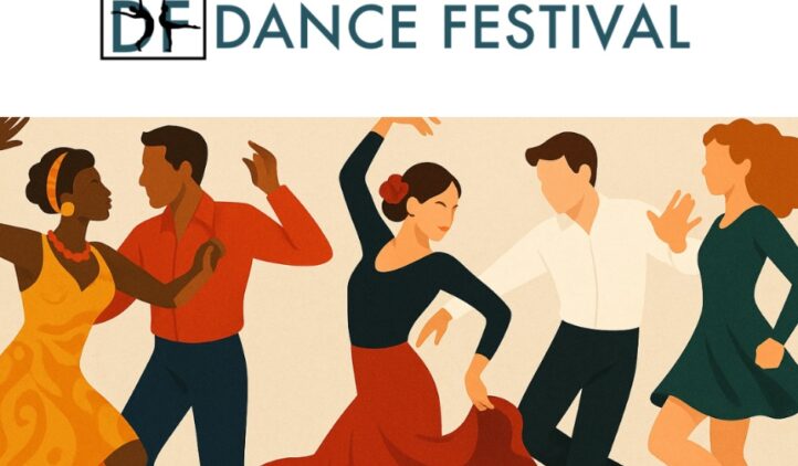 Illustration of five diverse people dancing energetically beneath the “Amelia Island Dance Festival” logo, featuring bold, stylized text and the acronym AIDF. The dancers wear colorful, festive clothing.