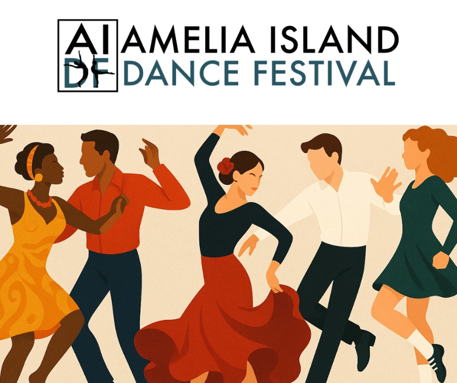 Illustration of five diverse people dancing energetically beneath the “Amelia Island Dance Festival” logo, featuring bold, stylized text and the acronym AIDF. The dancers wear colorful, festive clothing.