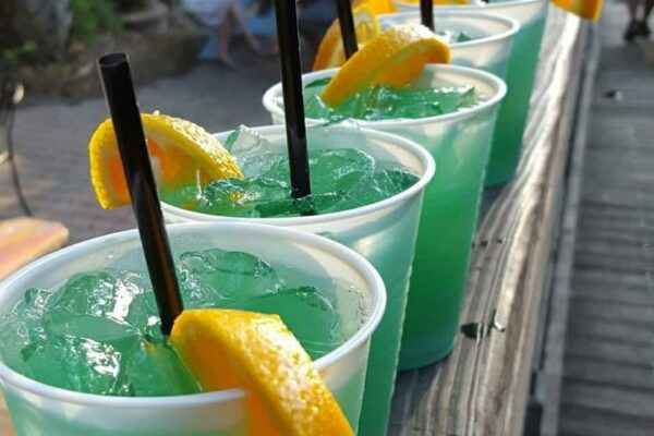 Five plastic cups filled with green-blue iced drinks, each garnished with an orange slice and a black straw, lined up outdoors on a wooden surface.