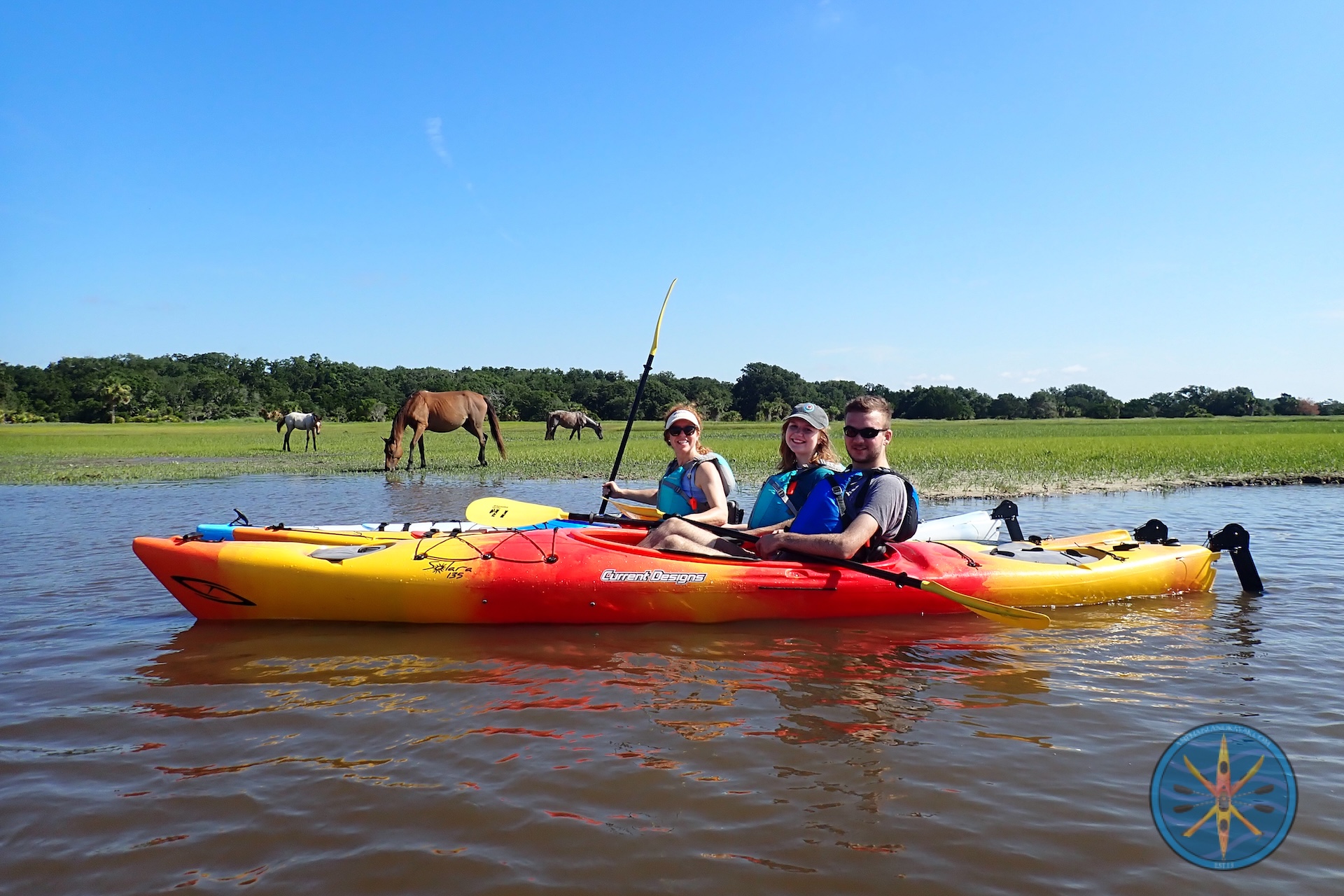 Three people in life jackets sit in a tandem kayak on shallow water, smiling at the camera. In the background, horses graze on grass under a clear blue sky.