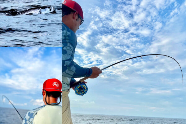 A person in a red cap and blue shirt is fishing in the ocean under a cloudy sky. The inset shows a close-up of a fish swimming near the waters surface, suggesting it may be the one being caught.