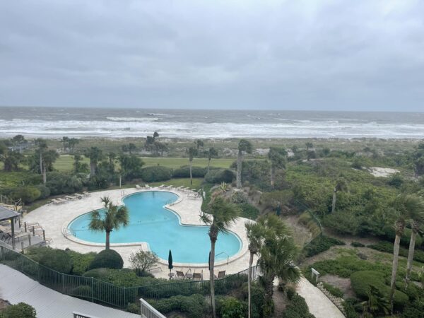 A large, clover-shaped swimming pool is surrounded by palm trees and greenery, with lounge chairs nearby. Beyond the pool is a sandy beach and rough ocean waves under a cloudy sky.
