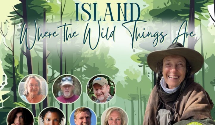A smiling woman in outdoor gear sits in a forest scene. Seven small circular portraits of people are on the left. Text reads, Amelia Island Where the Wild Things Are. A logo appears in the lower right corner.