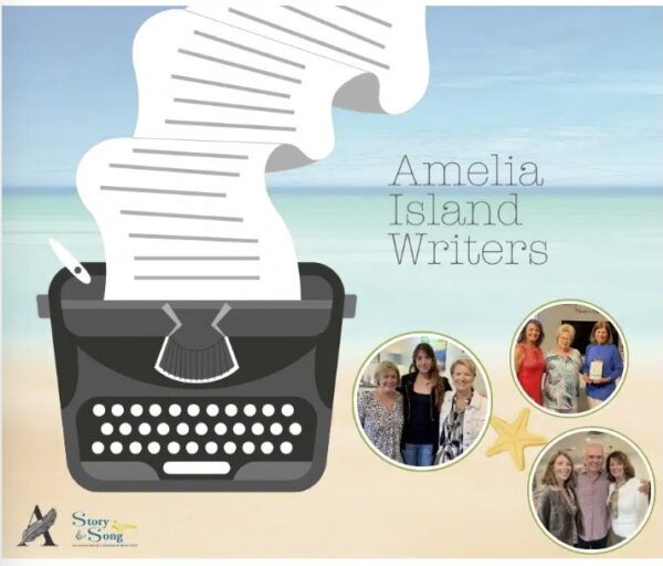 An illustration of a typewriter with paper curling out sits on a beach background. Text reads Amelia Island Writers. Four inset photos show groups of smiling people. Logos for Story & Song and Amelia Island Book Festival are at the bottom.
