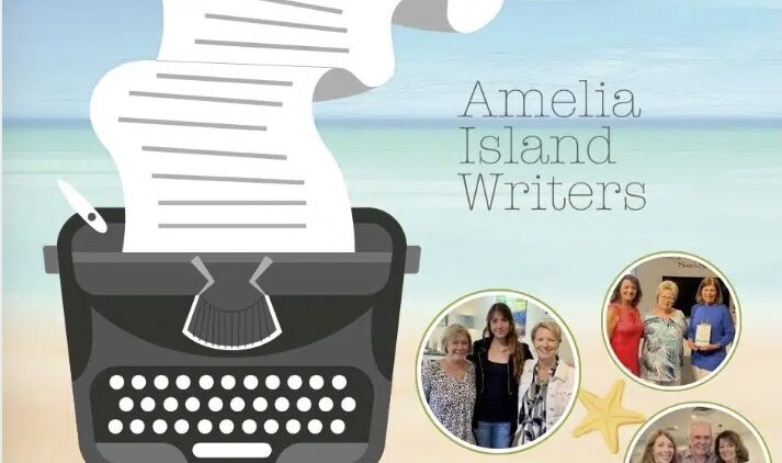 An illustration of a typewriter with paper curling out sits on a beach background. Text reads Amelia Island Writers. Four inset photos show groups of smiling people. Logos for Story & Song and Amelia Island Book Festival are at the bottom.