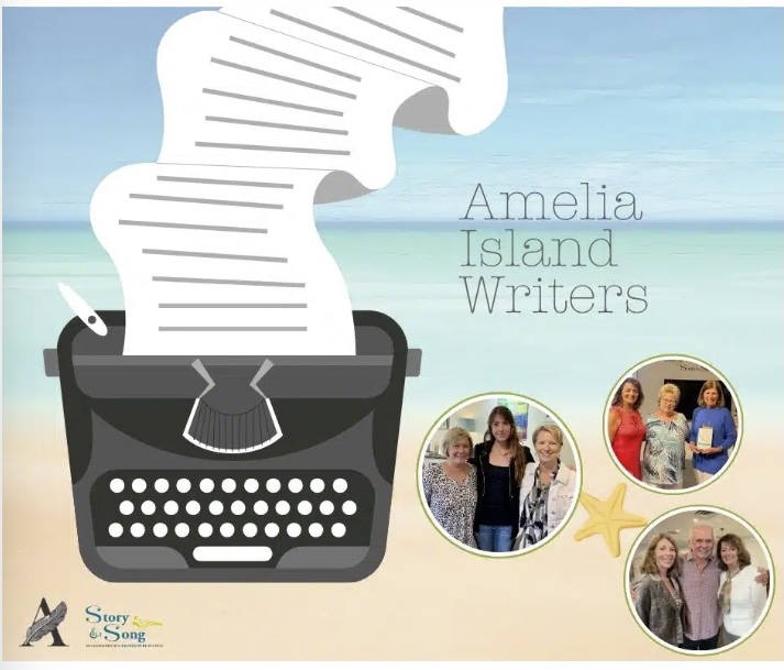 An illustration of a typewriter with paper curling out sits on a beach background. Text reads Amelia Island Writers. Four inset photos show groups of smiling people. Logos for Story & Song and Amelia Island Book Festival are at the bottom.