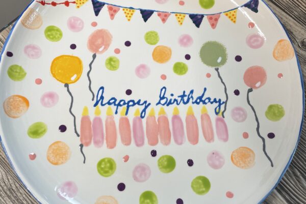 A colorful plate with painted balloons, confetti, a banner, and Happy Birthday written in blue surrounded by ten pink candles. The background is white with multicolored dots.