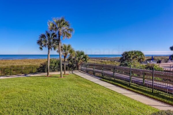 A grassy yard with palm trees, a black metal fence, and a boardwalk leading toward the beach and ocean under a clear blue sky.