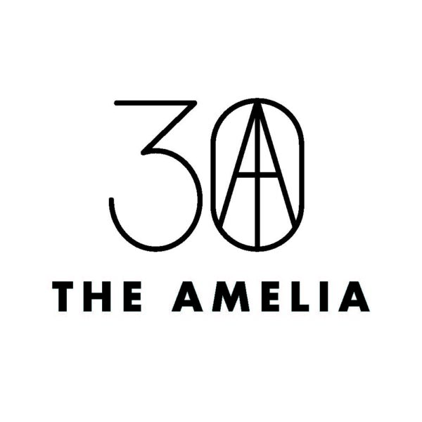 Black and white logo with 30 where the zero contains an A inside it, and the text THE AMELIA in bold capital letters beneath the number.