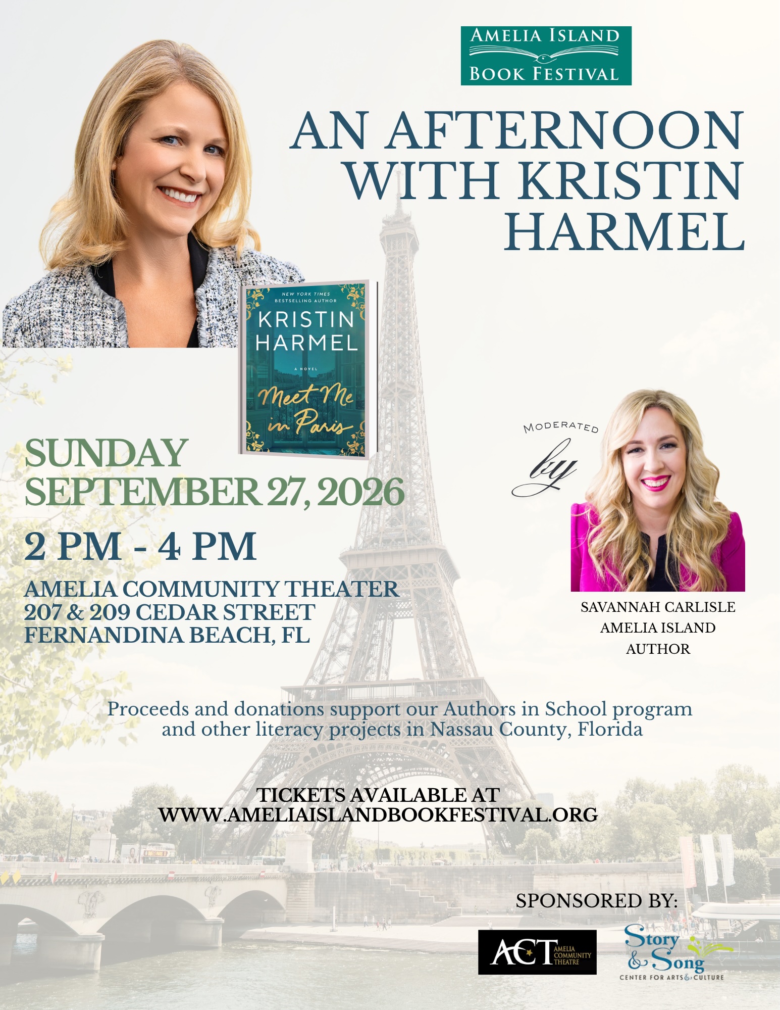 Author Kristin Harmel is featured on a poster for An Afternoon with Kristin Harmel at the Amelia Island Book Festival, scheduled for September 27, 2026, with moderator Savannah Carlisle and event details shown. Eiffel Tower background.