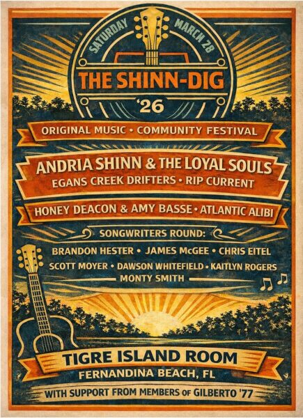 A vintage-style poster for The Shinn-Dig 26 featuring a sunburst, guitars, and event details for a music festival in Fernandina Beach, FL, with band and artist names, date, and location information.