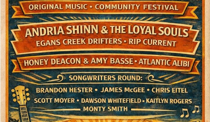 A vintage-style poster for The Shinn-Dig 26 featuring a sunburst, guitars, and event details for a music festival in Fernandina Beach, FL, with band and artist names, date, and location information.