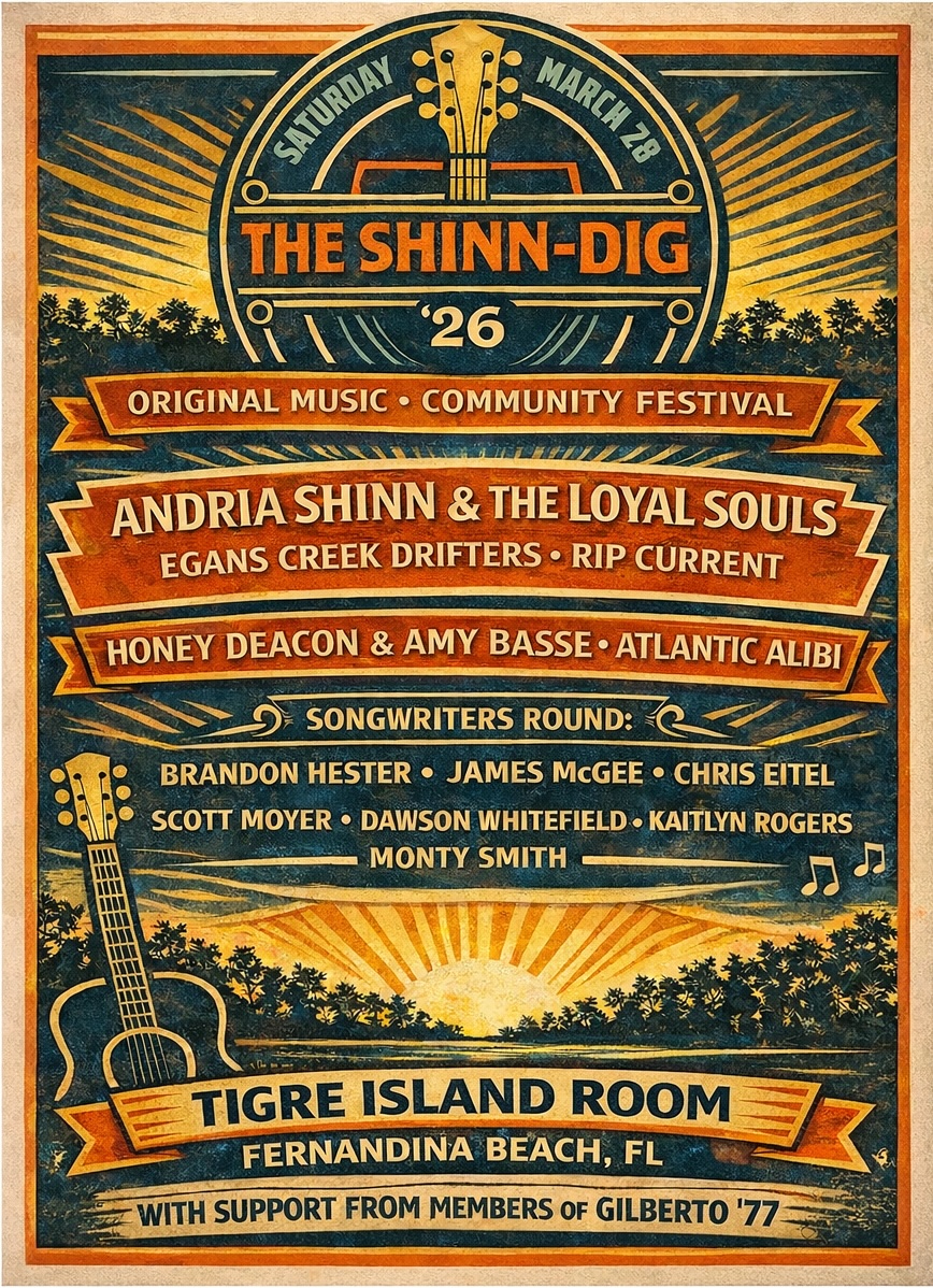 A vintage-style poster for The Shinn-Dig 26 featuring a sunburst, guitars, and event details for a music festival in Fernandina Beach, FL, with band and artist names, date, and location information.