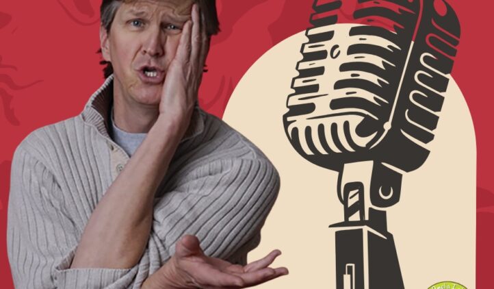 A man in a striped shirt holds his face and gestures expressively beside a large vintage microphone illustration. Text at the bottom reads: Andy Offutt Irwin - Lets Talk Serious Business.