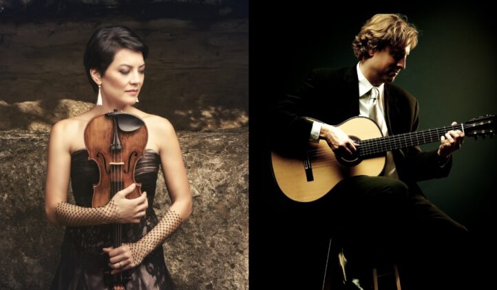 A woman in an elegant dress holds a violin, looking down thoughtfully. Beside her, a man in a suit sits and plays a classical guitar, both posed against dark, artistic backgrounds.