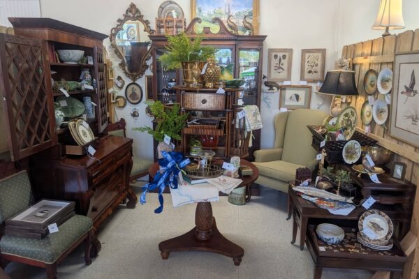 Eclectic antique shop corner with wooden furniture, a green armchair, decorative plates, plants, framed art, and vintage items neatly displayed on shelves, tables, and walls. Warm, inviting atmosphere with varied collectibles.