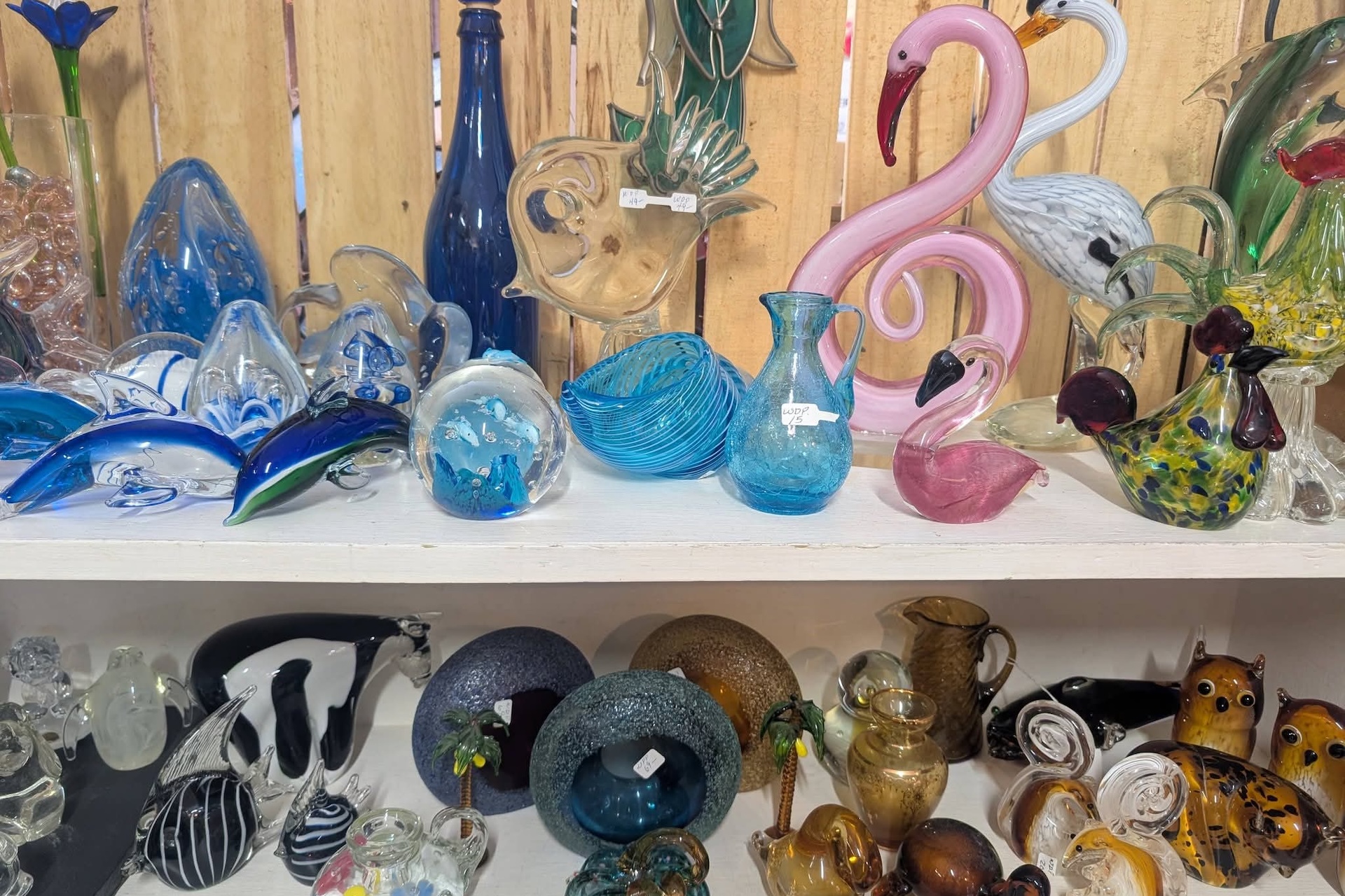 Shelves display colorful glass art, including dolphins, vases, flamingos, and various animal figurines, all set against a wooden background. The glass objects vary in shape, color, and size.