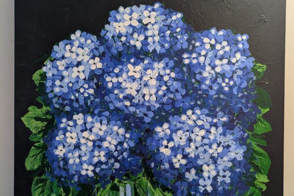 A painting of a bouquet of blue and white hydrangeas with green leaves against a dark background. The flowers are clustered closely together, filling most of the canvas.