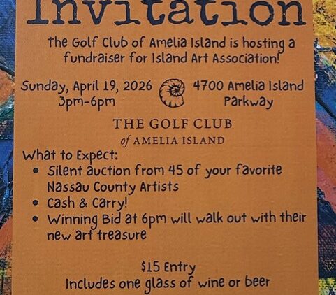 A colorful flyer for a fundraiser at The Golf Club of Amelia Island, featuring event details, date (April 19, 2026), time (3–6pm), entry fee ($15), and activities like a silent auction and art auction.