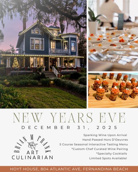 Event flyer for a New Year’s Eve celebration at a historic blue house, with images of gourmet appetizers and champagne. Text details a chef-curated dinner, wine pairing, cocktails, and the event location and date.