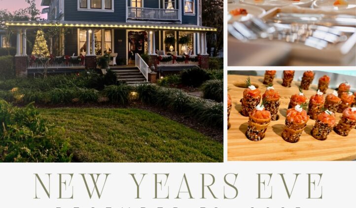 Event flyer for a New Year’s Eve celebration at a historic blue house, with images of gourmet appetizers and champagne. Text details a chef-curated dinner, wine pairing, cocktails, and the event location and date.