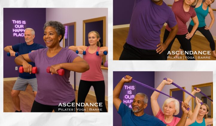 Three photos show older adults in a fitness studio lifting dumbbells and smiling during a group exercise class. Text advertises a new small group coaching program called Prime Strength and a free informative workshop.