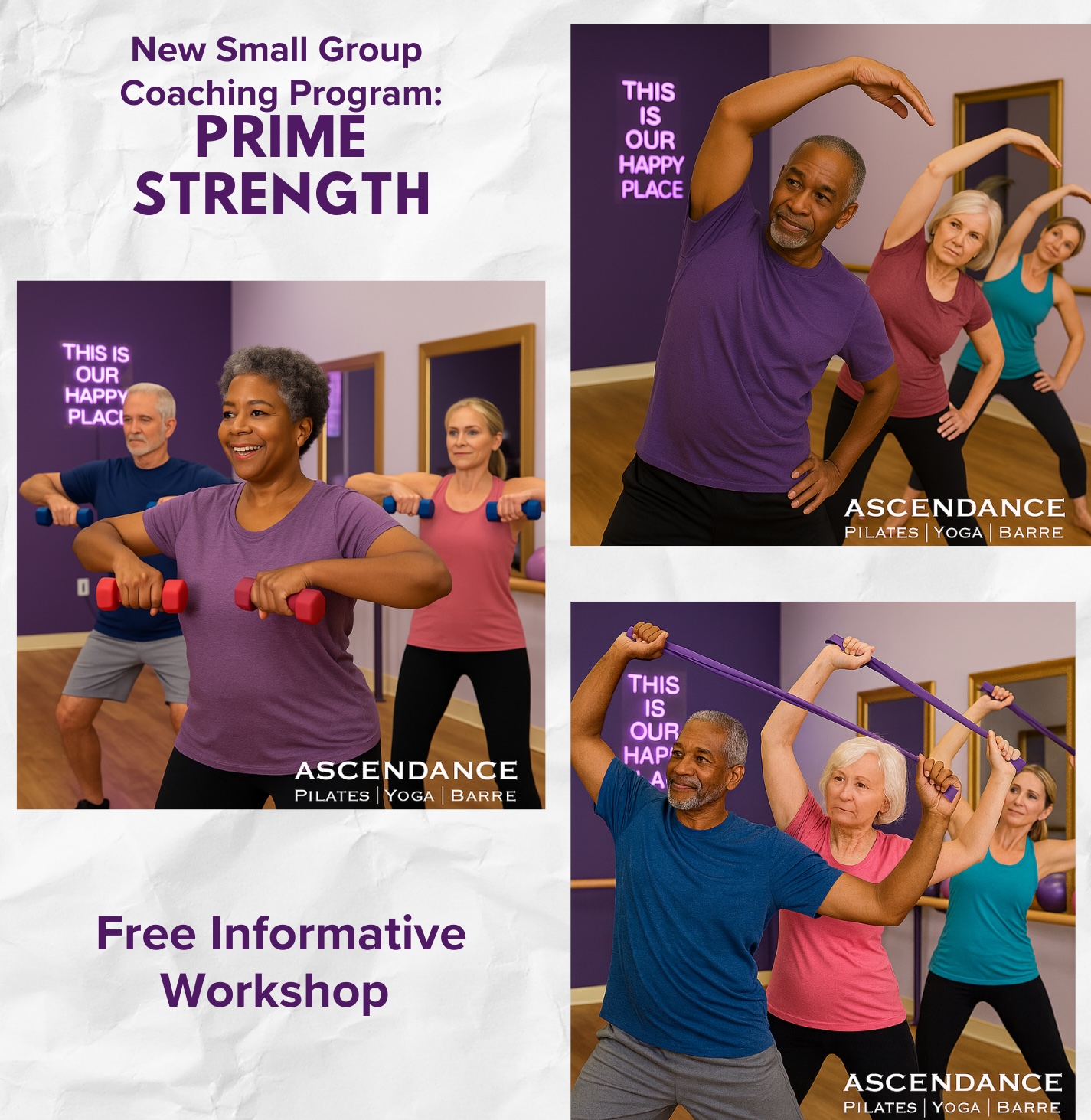 Three photos show older adults in a fitness studio lifting dumbbells and smiling during a group exercise class. Text advertises a new small group coaching program called Prime Strength and a free informative workshop.