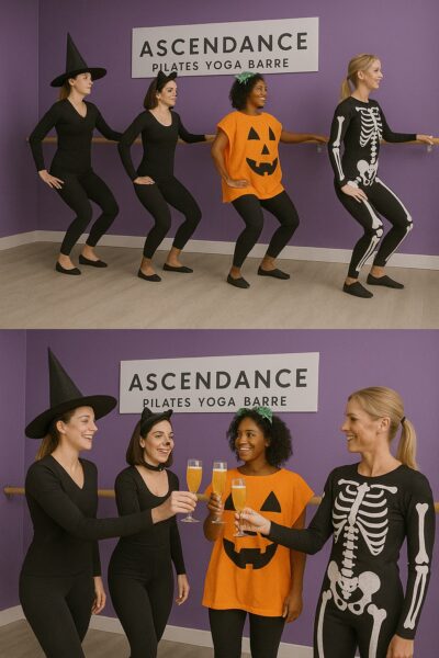 Four women in Halloween costumes (witch, cat, pumpkin, skeleton) pose and dance in a studio with a sign reading Ascendance Pilates Yoga Barre. They then toast with drinks, smiling and celebrating together.